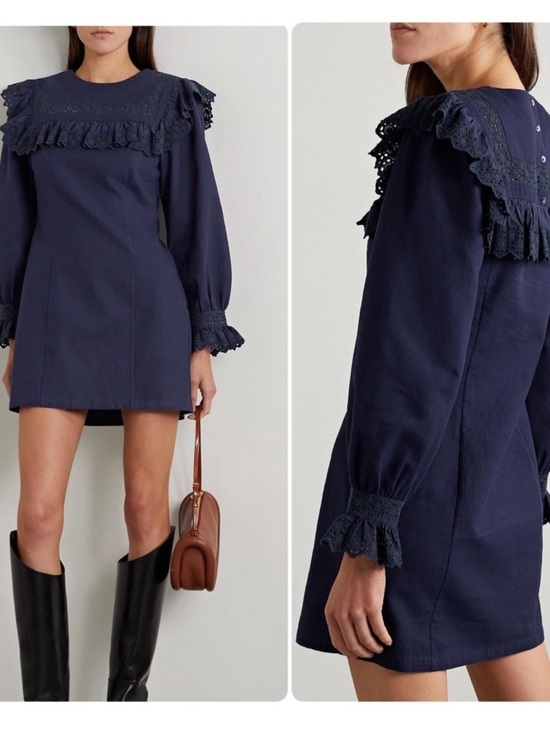 Doen Dresses & Skirts - Doen Minore Ruffled Broderie Anglaise-trimmed Ribbed Cotton Navy Mini Dress